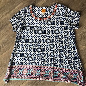 Blue and White Patterned Blouse